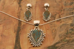 Artie Yellowhorse Genuine Mineral Park Turquoise Sterling Silver Pendant and Post Earrings Set